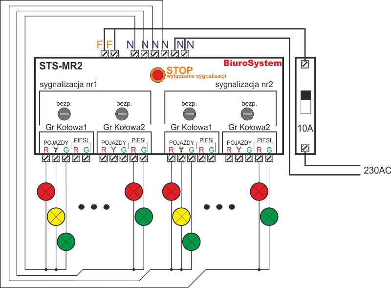 Schemat połączeń sterownika z lampami sygnalizacyjnymi